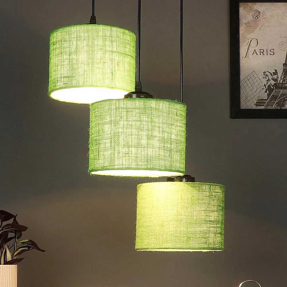 Green Round Jute Drum Cluster Hanging Light