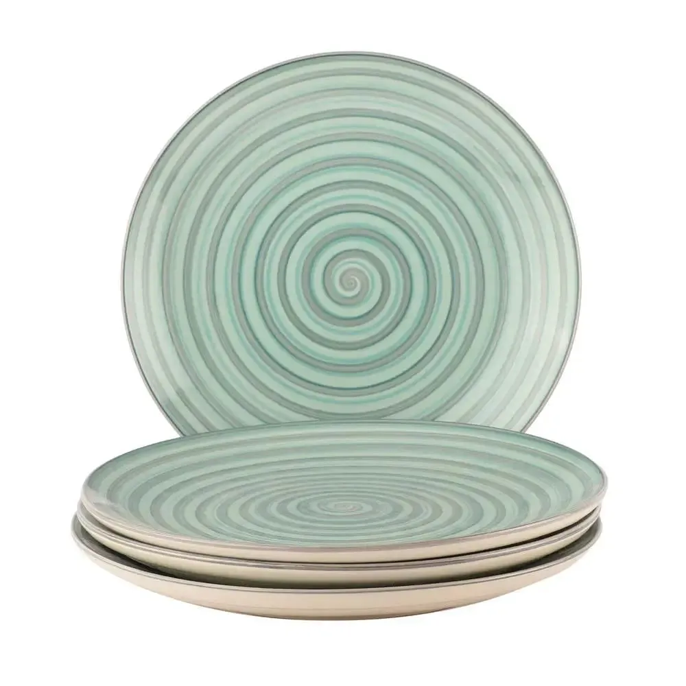 Green Spiral Designer Handpainted Ceramic Dinner Plates Set Of 4