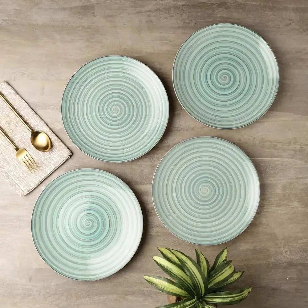 Green Spiral Designer Handpainted Ceramic Dinner Plates Set Of 4
