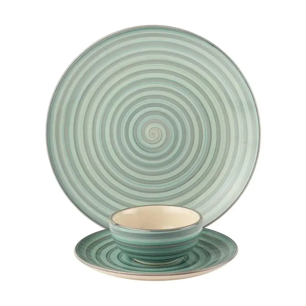 Green Spiral Designer Handpainted Ceramic Dinner Set Of 12 (4 dinner plates, 4 quarter plates & 4 bowls)
