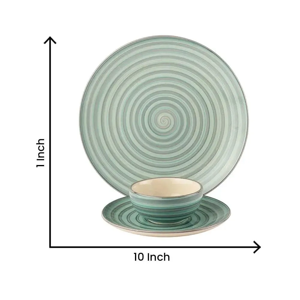 Green Spiral Designer Handpainted Ceramic Dinner Set Of 12 (4 dinner plates, 4 quarter plates & 4 bowls)