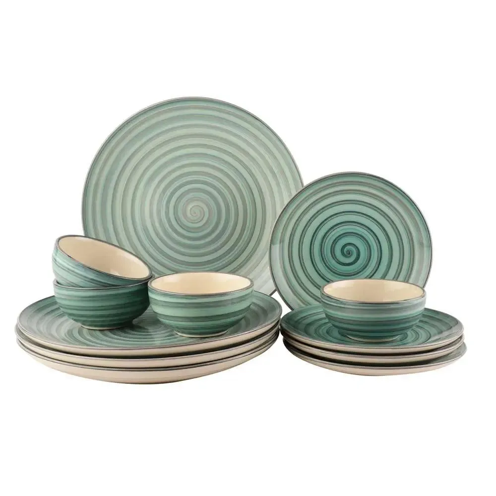 Green Spiral Designer Handpainted Ceramic Dinner Set Of 12 (4 dinner plates, 4 quarter plates & 4 bowls)