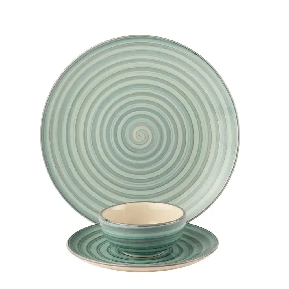 Green Spiral Designer Handpainted Ceramic Dinner Set Of 12 (4 dinner plates, 4 quarter plates & 4 bowls)