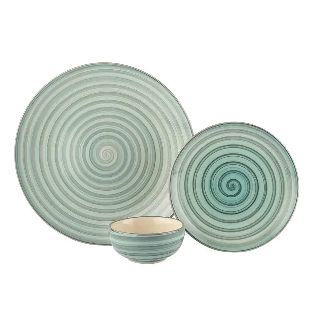 Green Spiral Designer Handpainted Ceramic Dinner Set Of 12 (4 dinner plates, 4 quarter plates & 4 bowls)