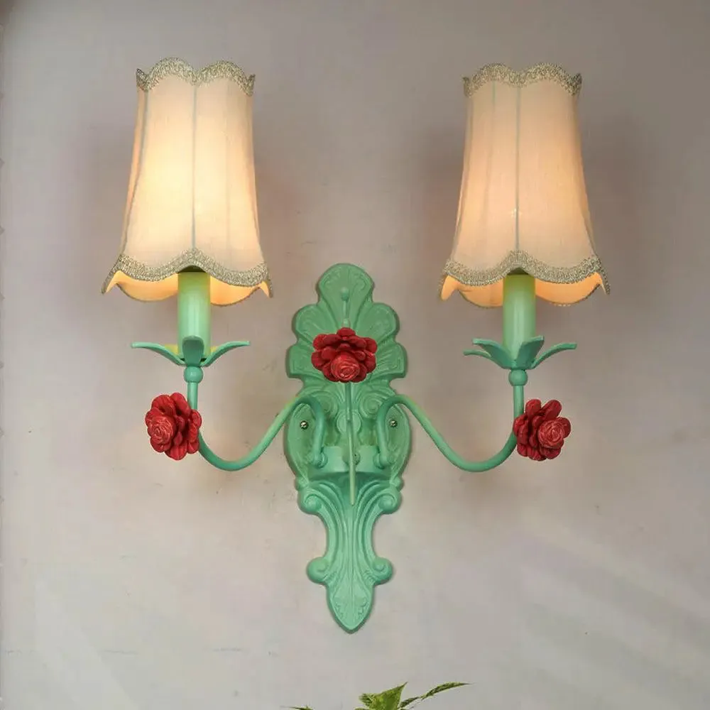 Green & White European-style Dual Light Wall Sconce With White Bell Shades- 40W (Bulb Not Included)