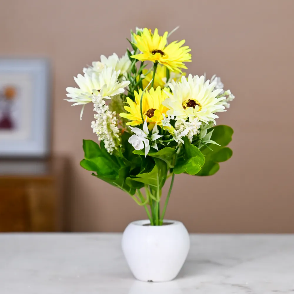 Green & Yellow Daisy Artificial Flowers With Pot Single Piece