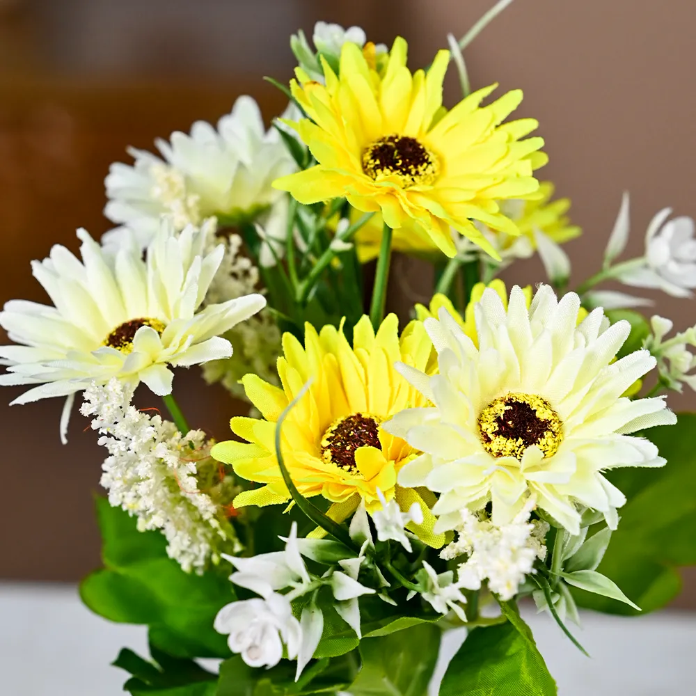 Green & Yellow Daisy Artificial Flowers With Pot Single Piece