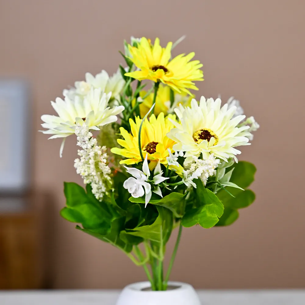 Green & Yellow Daisy Artificial Flowers With Pot Single Piece