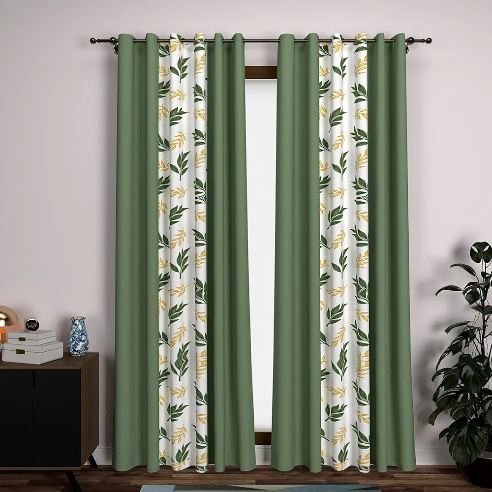 Green & Yellow Leafy Designer Layered Door Curtain Medium Single Piece (7ft)