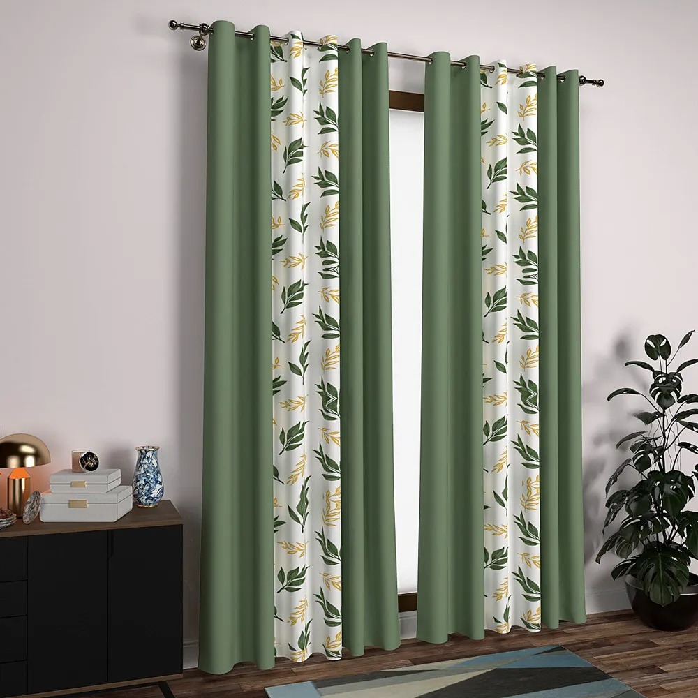 Green & Yellow Leafy Designer Layered Window Curtain