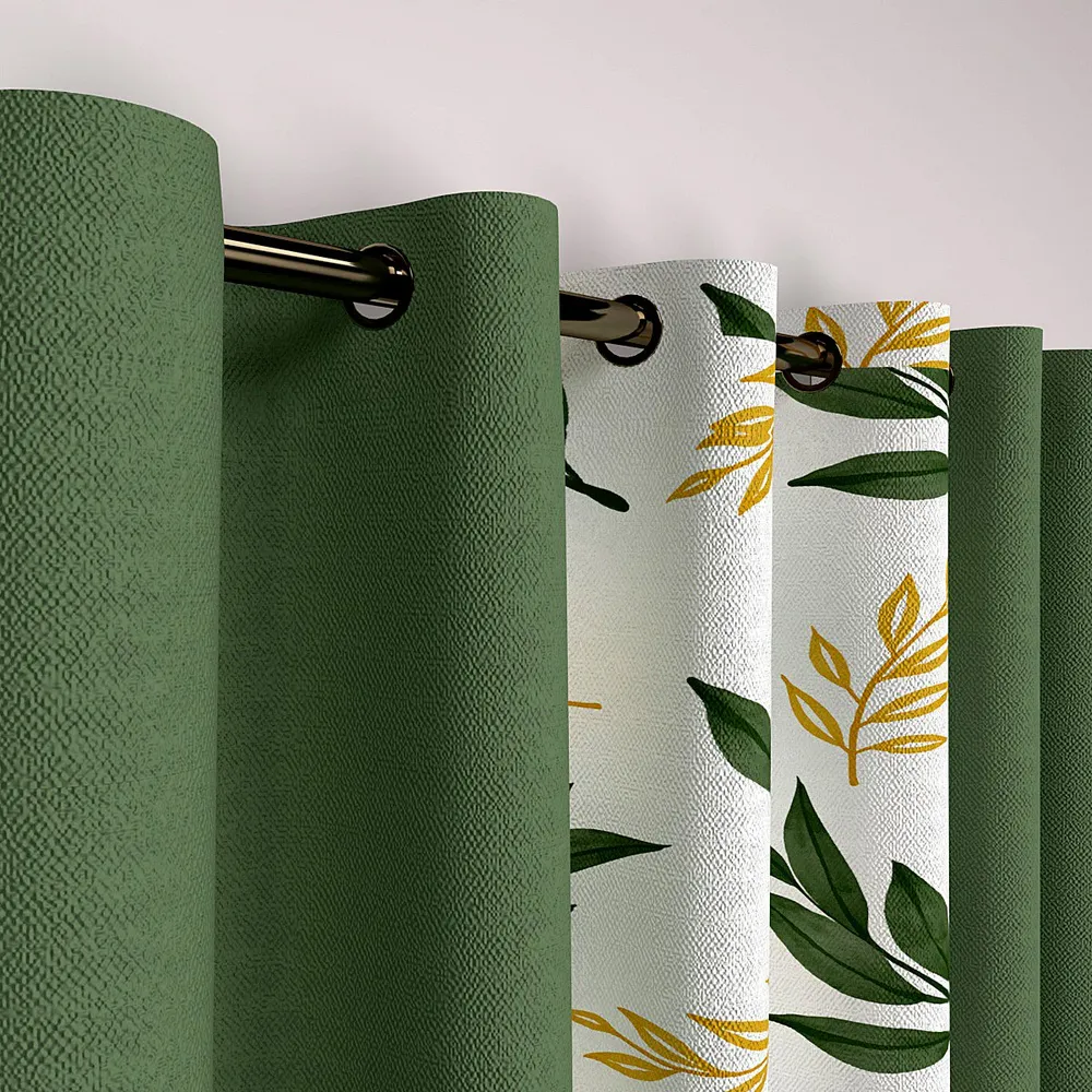 Green & Yellow Leafy Designer Layered Window Curtain