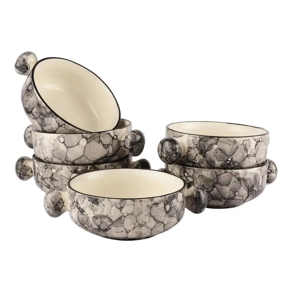 Grey Abstract Mughal Designer Ceramic Bowl Set With Handle Set Of 6