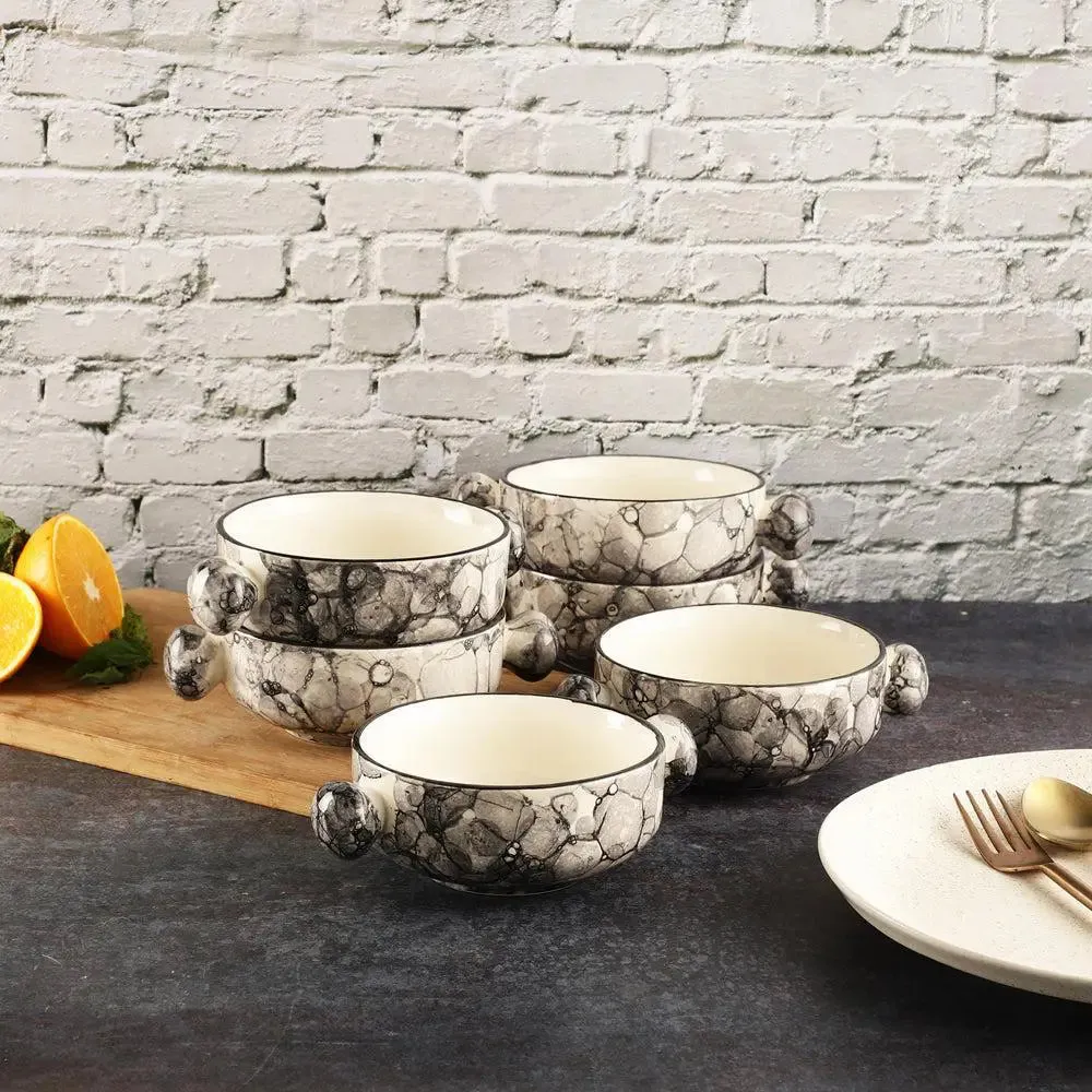 Grey Abstract Mughal Designer Ceramic Bowl Set With Handle Set Of 6