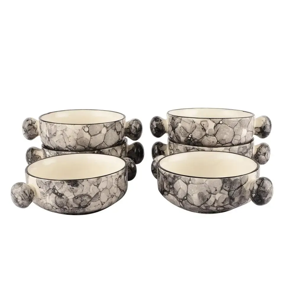 Grey Abstract Mughal Designer Ceramic Bowl Set With Handle Set Of 6