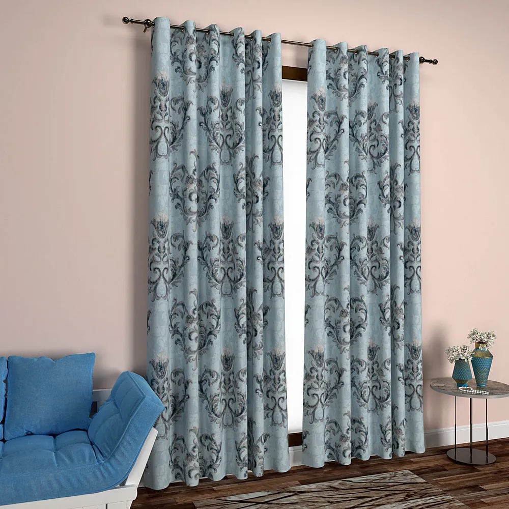 Grey and Blue Flowy Flowery Designer Door Curtain Medium Single Piece (7ft)