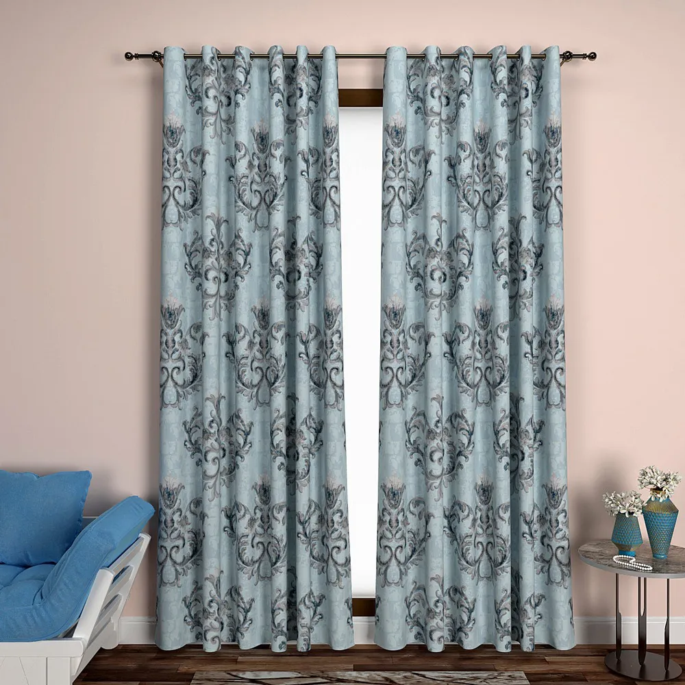 Grey and Blue Flowy Flowery Designer Door Curtain Medium Single Piece (7ft)
