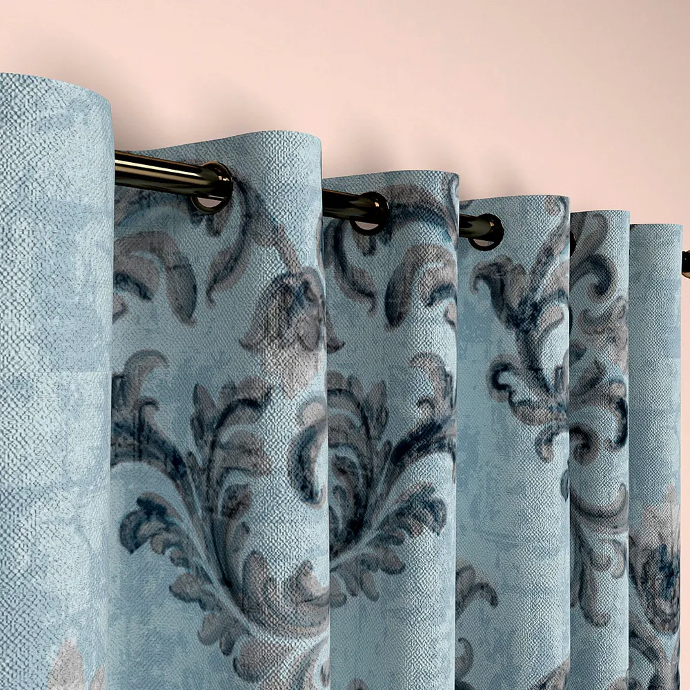 Grey and Blue Flowy Flowery Designer Door Curtain Medium Single Piece (7ft)