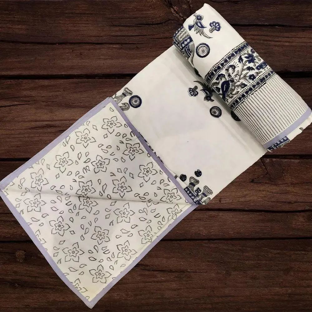 Grey & Blue Elephant Hand Block Printed Single Bed Cotton Dohar