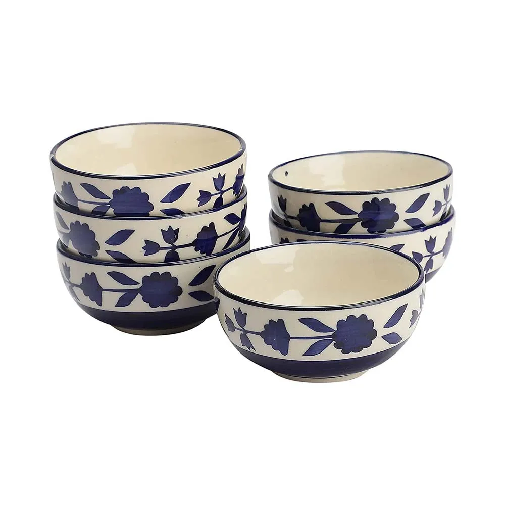 Grey & Blue Hand-Painted Ceramic Bowls Set Of 6