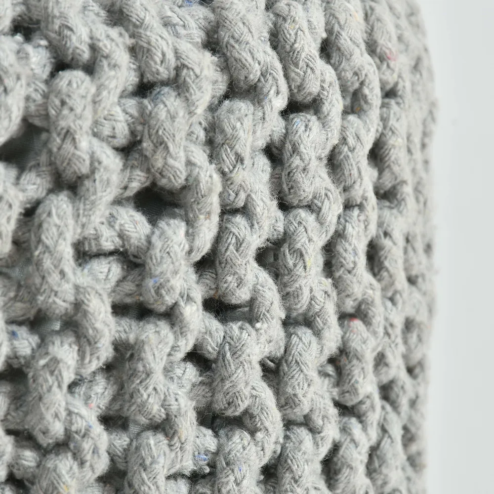 Grey Cotton Knitted Wooden Pouffe Stool Single Piece