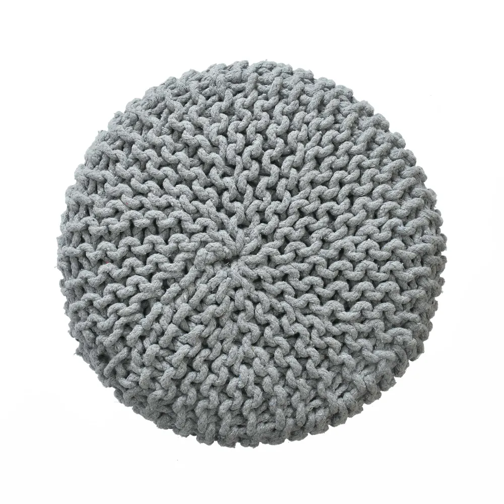 Grey Cotton Knitted Wooden Pouffe Stool Single Piece