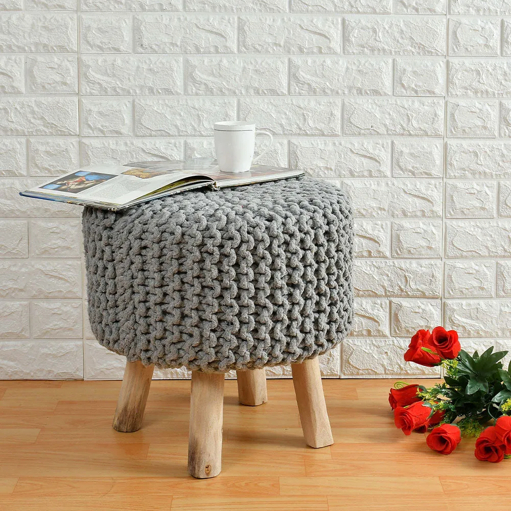 Grey Cotton Knitted Wooden Pouffe Stool Single Piece