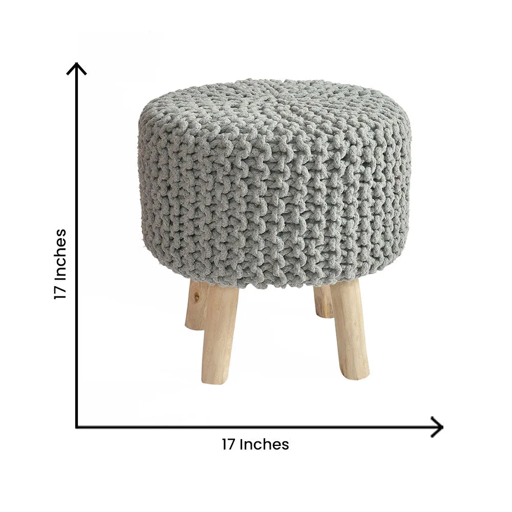 Grey Cotton Knitted Wooden Pouffe Stool Single Piece