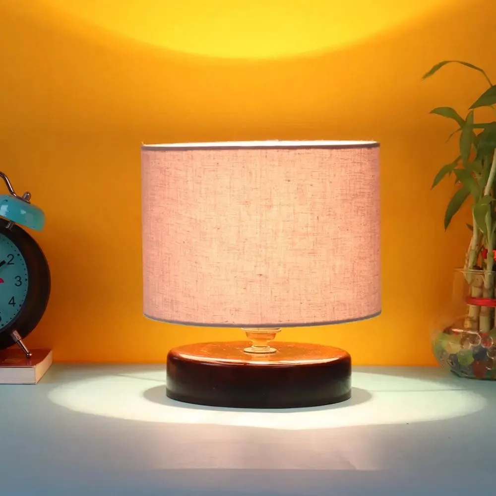 Grey Cotton Table Lamp with Brown Wood Base