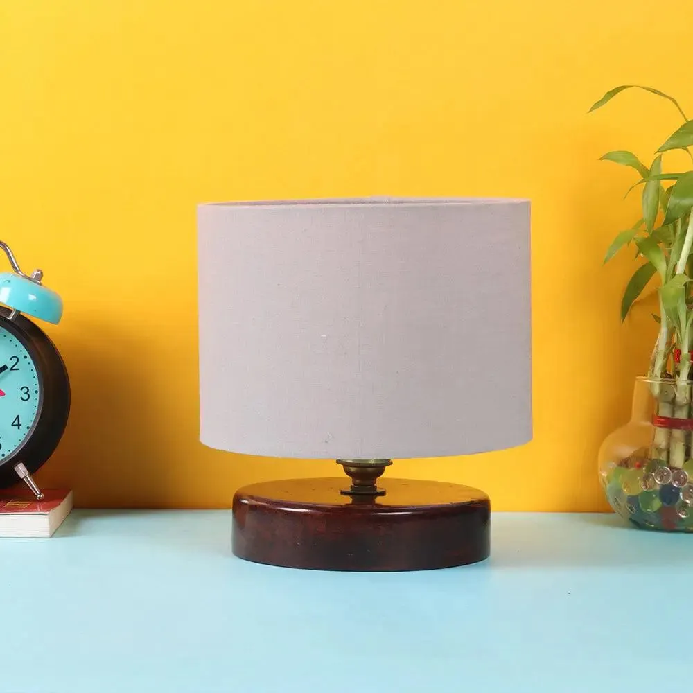 Grey Cotton Table Lamp with Brown Wood Base