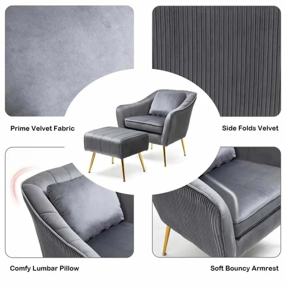 Grey Fluffy Super Comfy Velvet Lounge Chair With Ottoman Single Piece