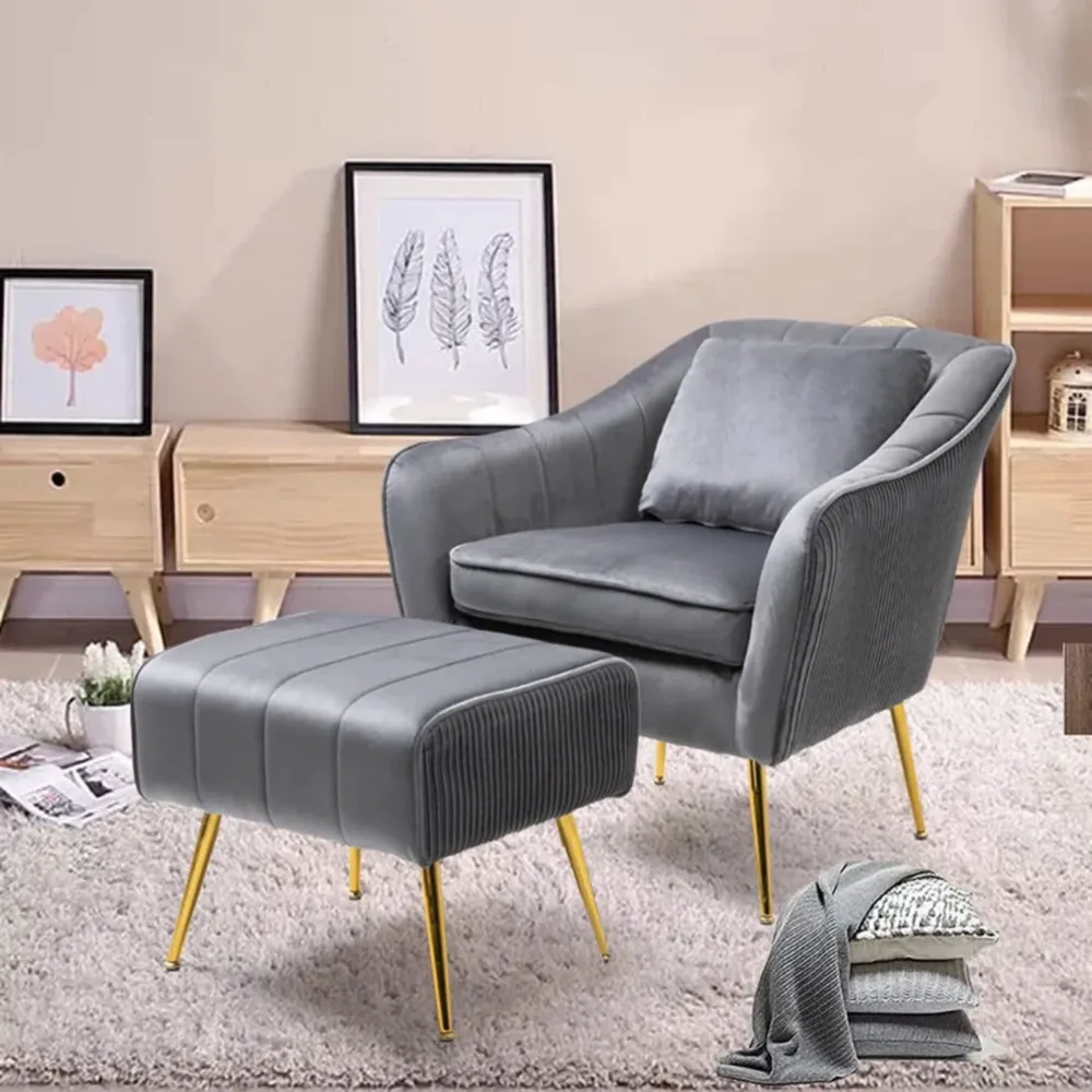 Grey Fluffy Super Comfy Velvet Lounge Chair With Ottoman Single Piece