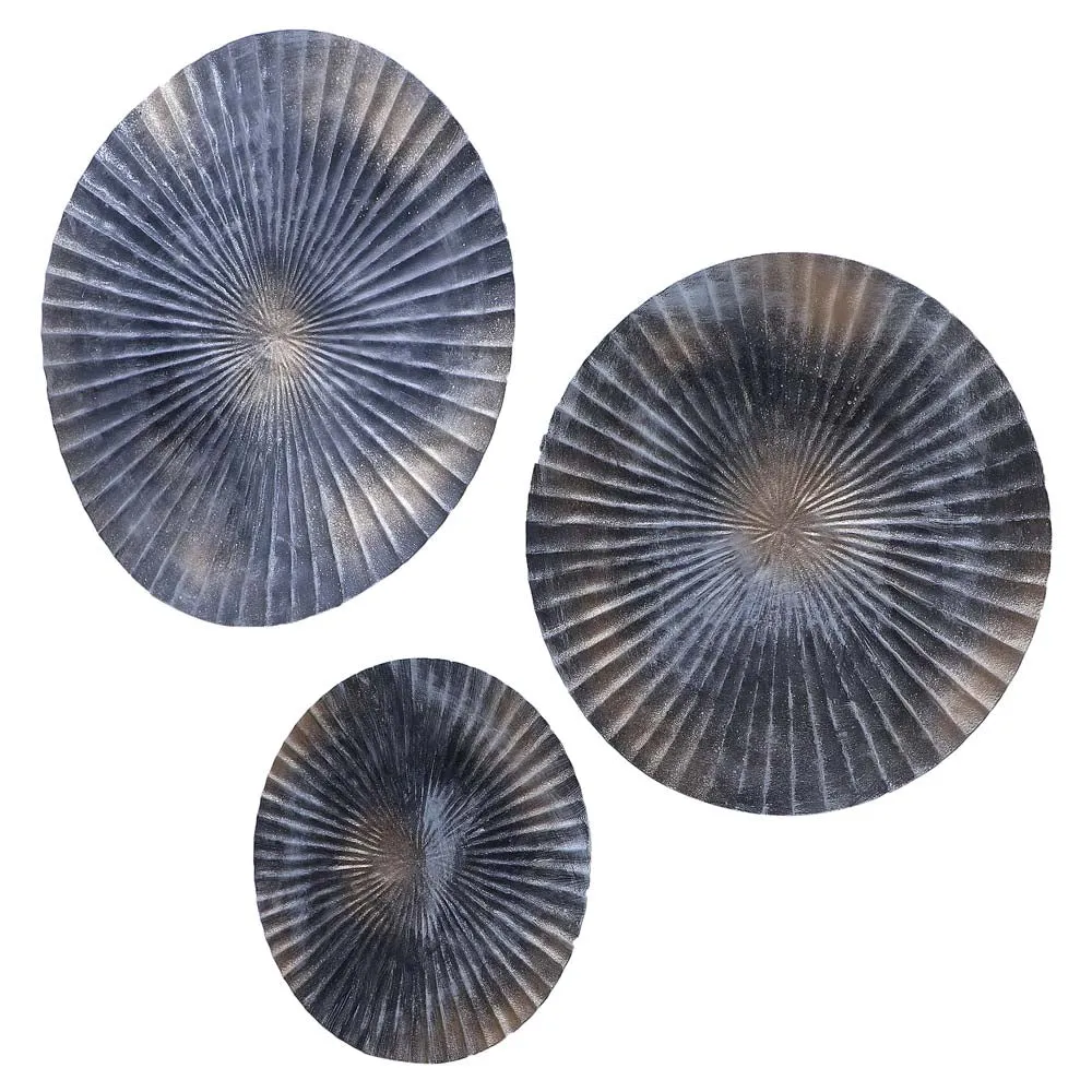 Grey & Gold Foil Motif Hammered Metal Decorative Wall Plates Set Of 3