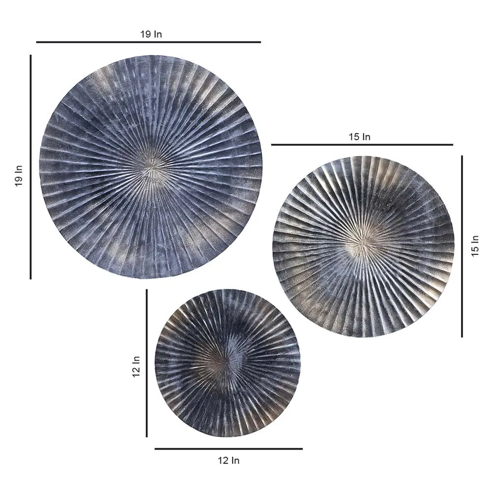 Grey & Gold Foil Motif Hammered Metal Decorative Wall Plates Set Of 3