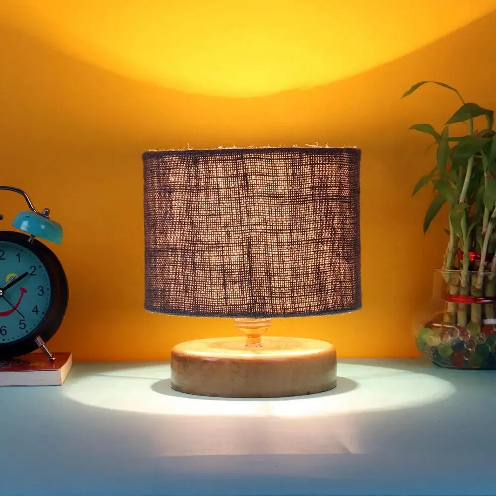 Grey Jute Table Lamp with Wood Base
