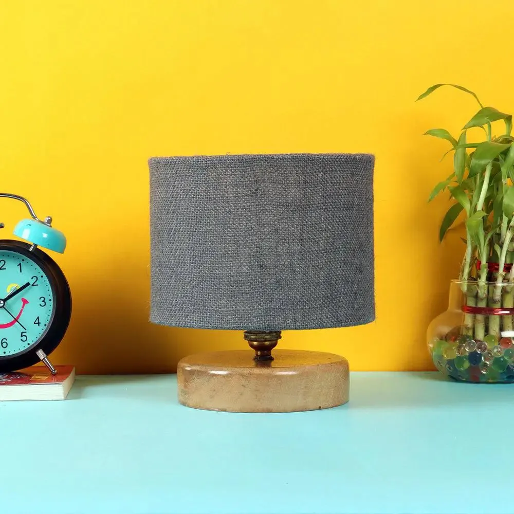 Grey Jute Table Lamp with Wood Base