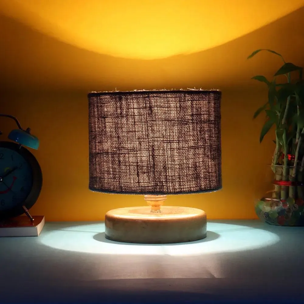 Grey Jute Table Lamp with Wood Base