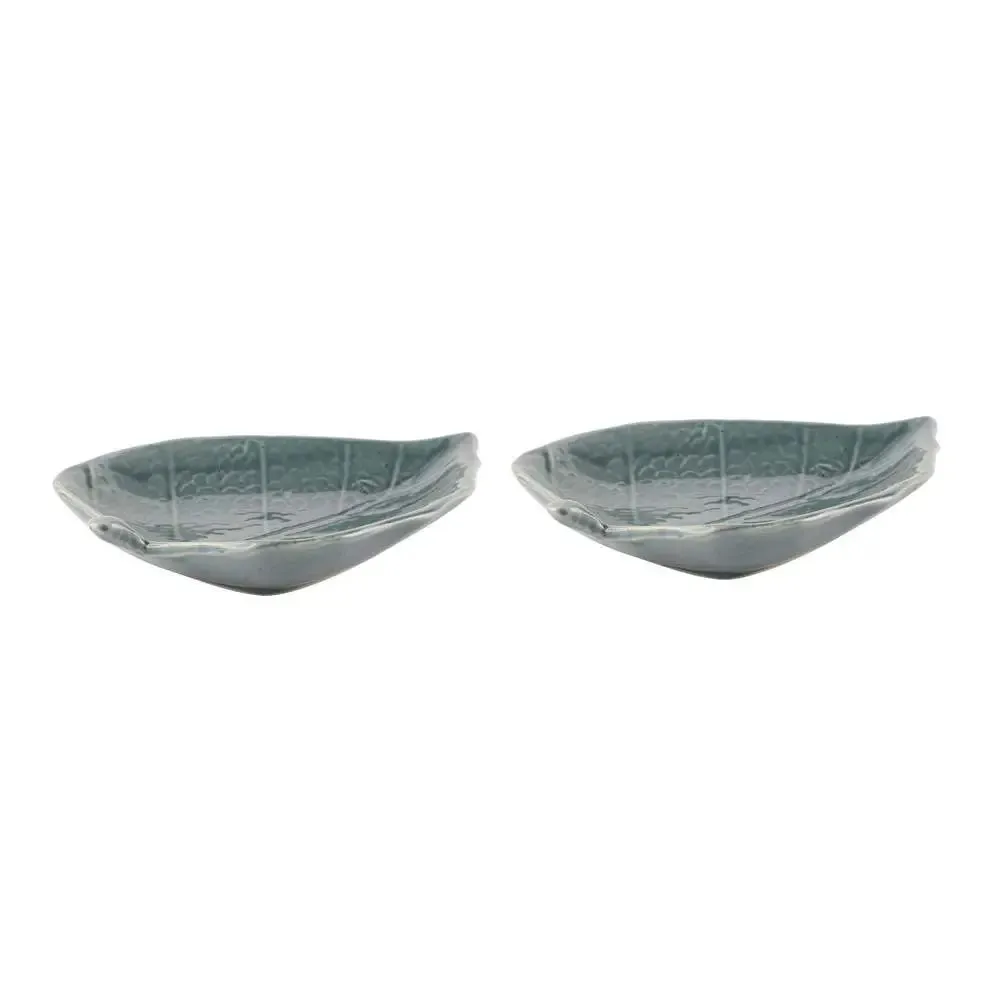 Grey Leaf Shape Ceramic Serving Platter Set Of 2