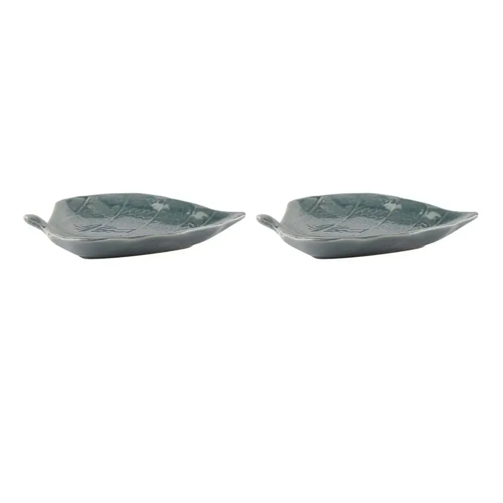 Grey Leaf Shape Ceramic Serving Platter Set Of 2