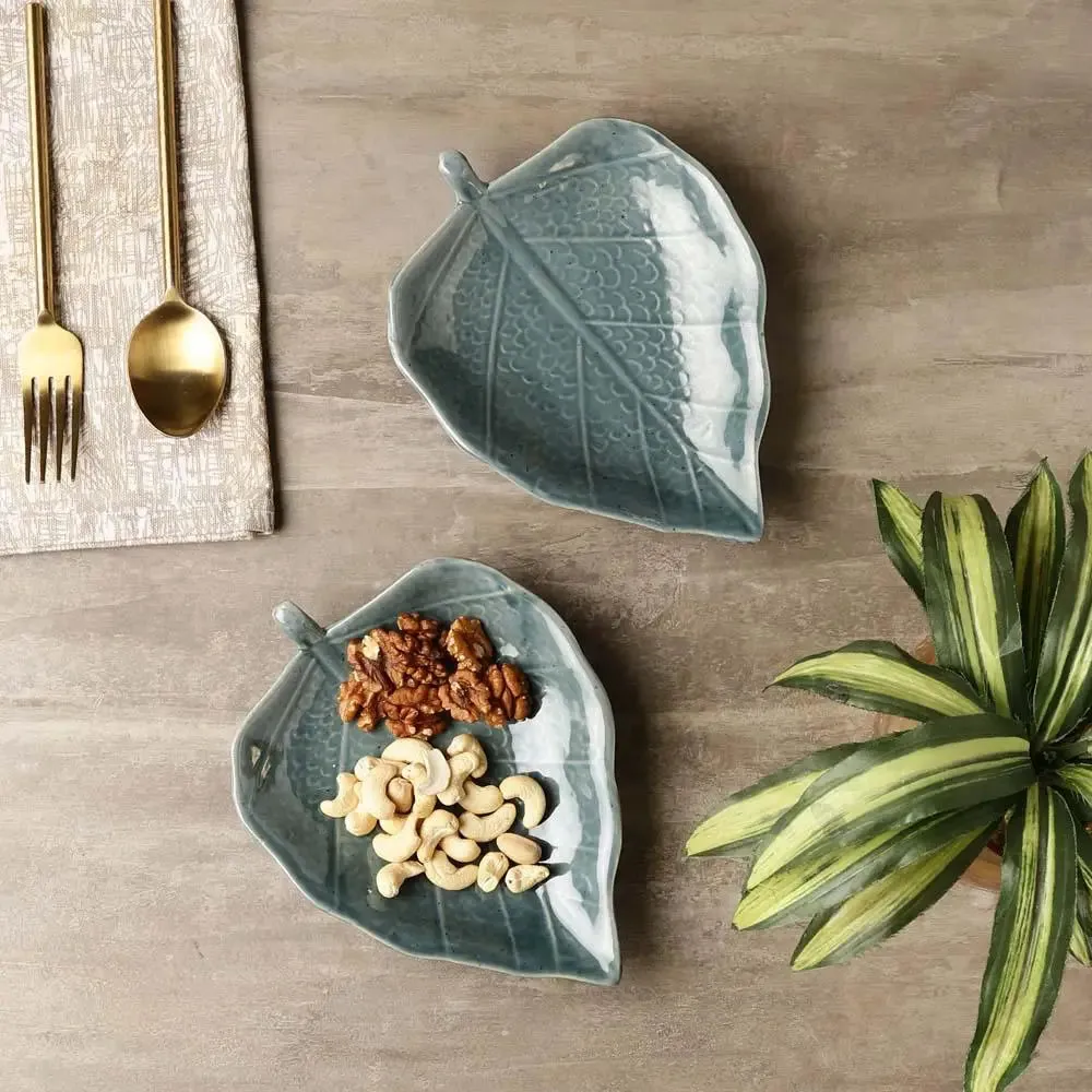 Grey Leaf Shape Ceramic Serving Platter Set Of 2