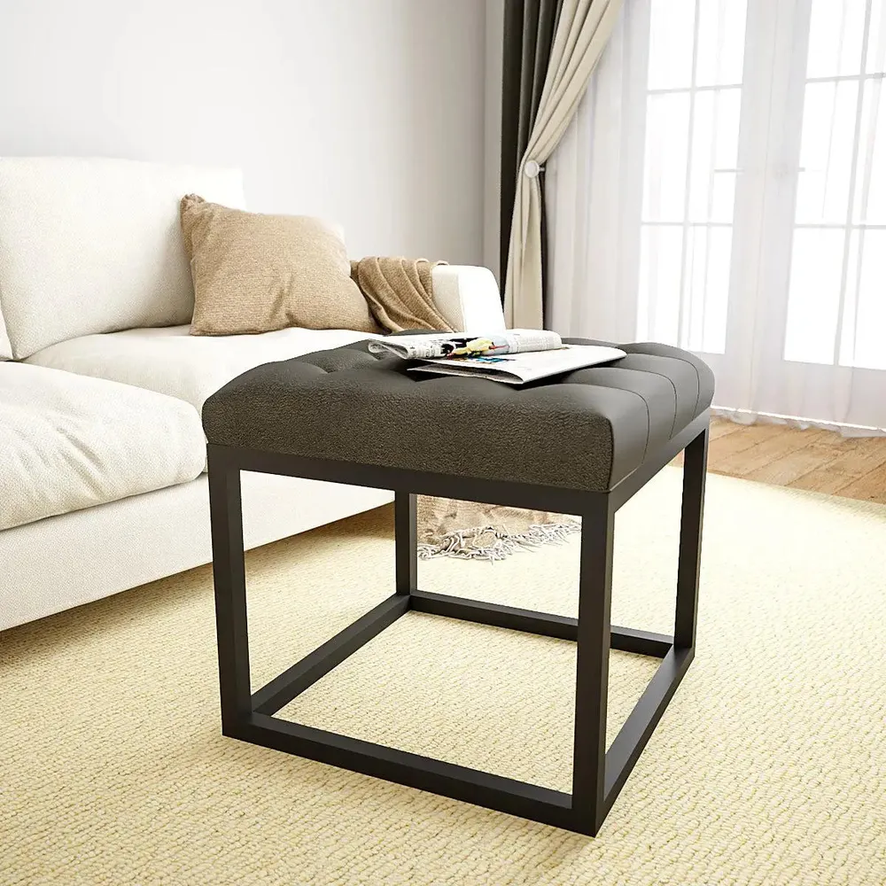 Grey Leatherette Button-Tufted Ottoman / Table