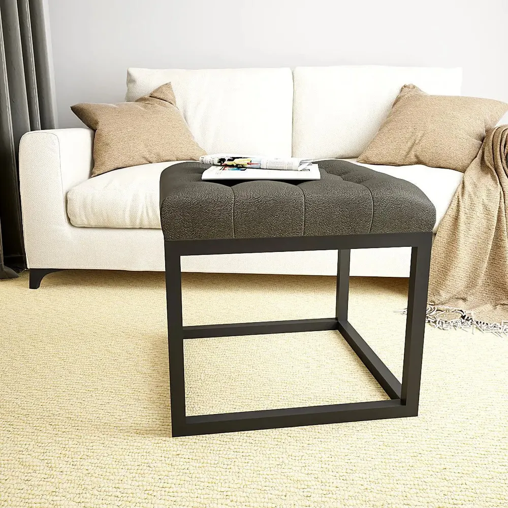 Grey Leatherette Button-Tufted Ottoman / Table