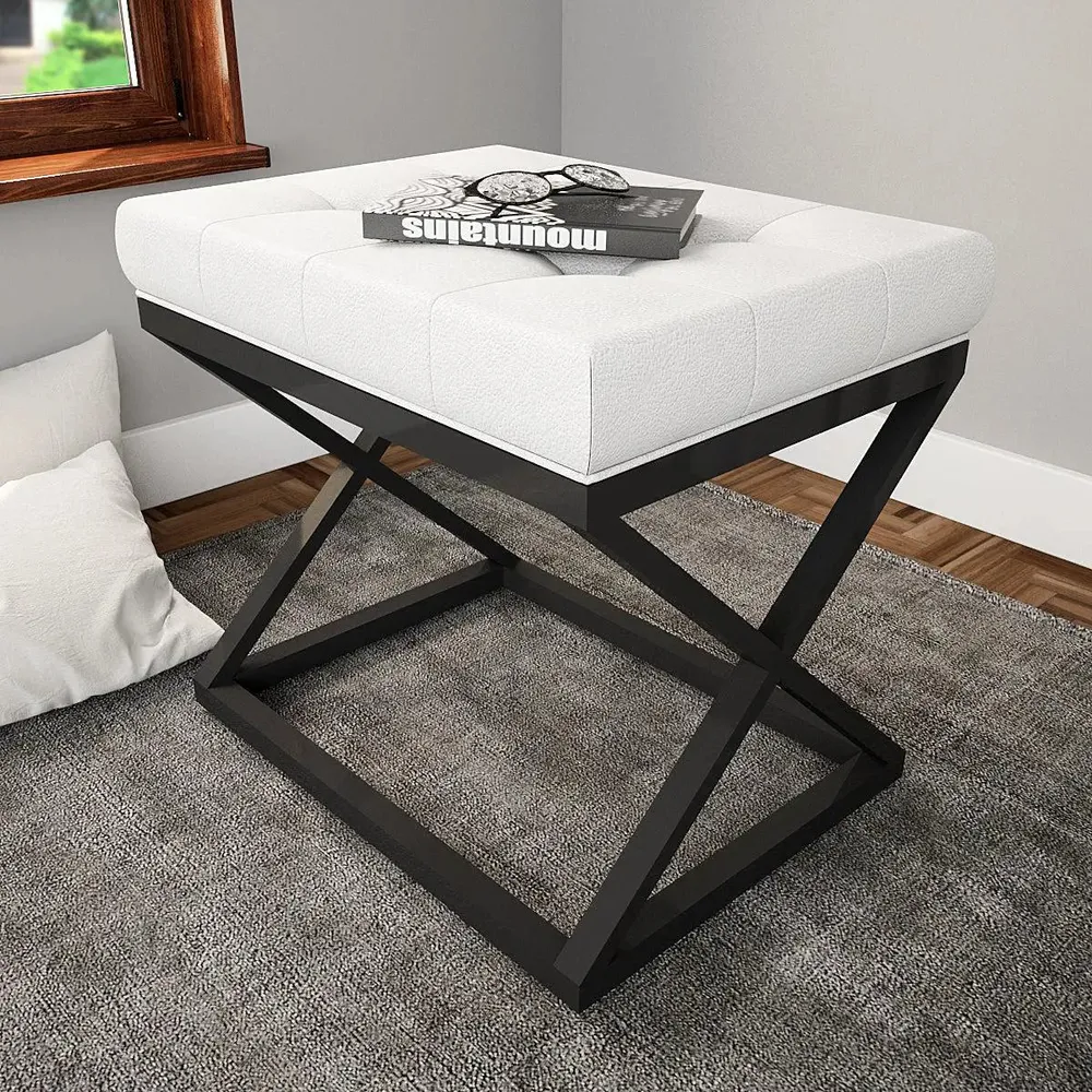 Grey Ottoman Made of High-Quality Leather with Cross Metal Stand