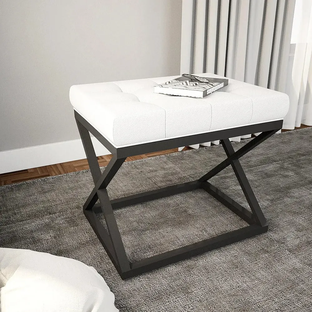 Grey Ottoman Made of High-Quality Leather with Cross Metal Stand
