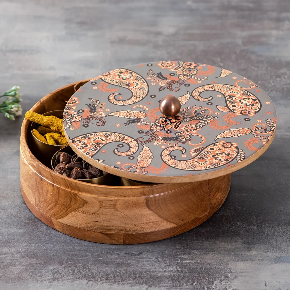 Grey Patterned Wood & Stainless Steel Jars Masala/ Spice Box