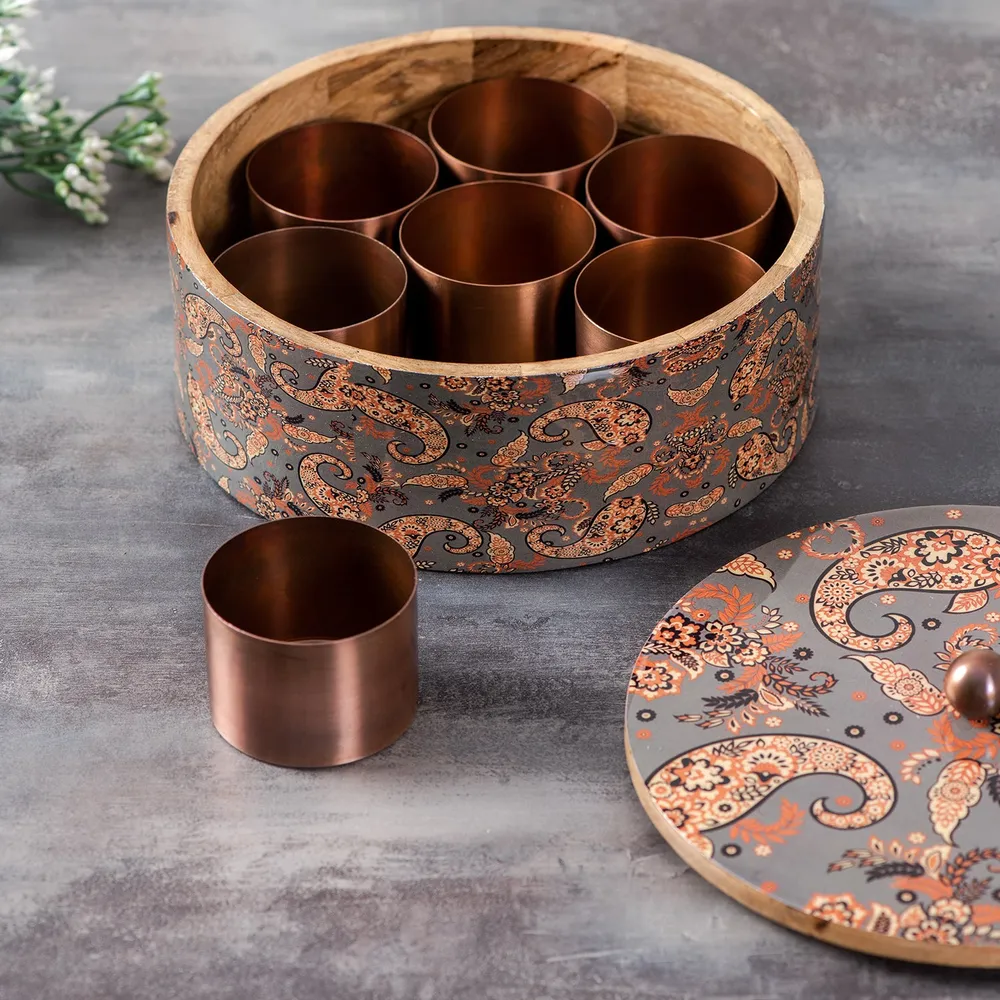 Grey Patterned Wood & Stainless Steel Jars Masala/ Spice Box