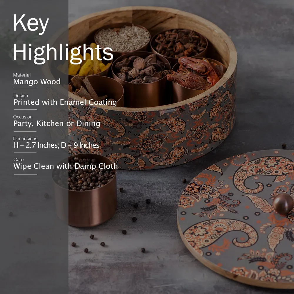 Grey Patterned Wood & Stainless Steel Jars Masala/ Spice Box