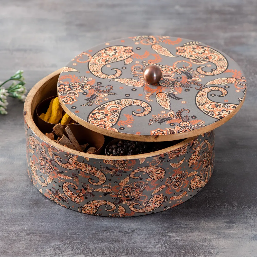 Grey Patterned Wood & Stainless Steel Jars Masala/ Spice Box
