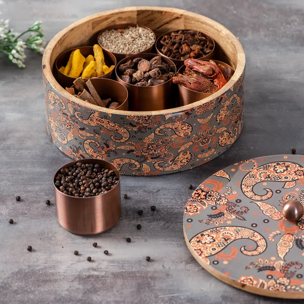 Grey Patterned Wood & Stainless Steel Jars Masala/ Spice Box