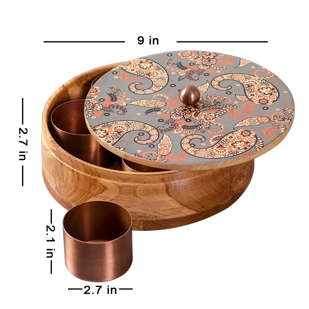 Grey Patterned Wood & Stainless Steel Jars Masala/ Spice Box