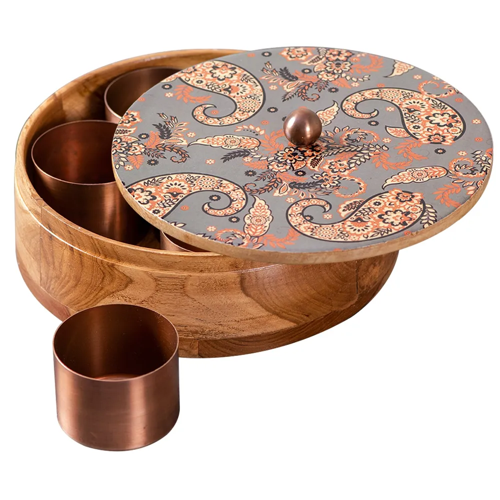 Grey Patterned Wood & Stainless Steel Jars Masala/ Spice Box